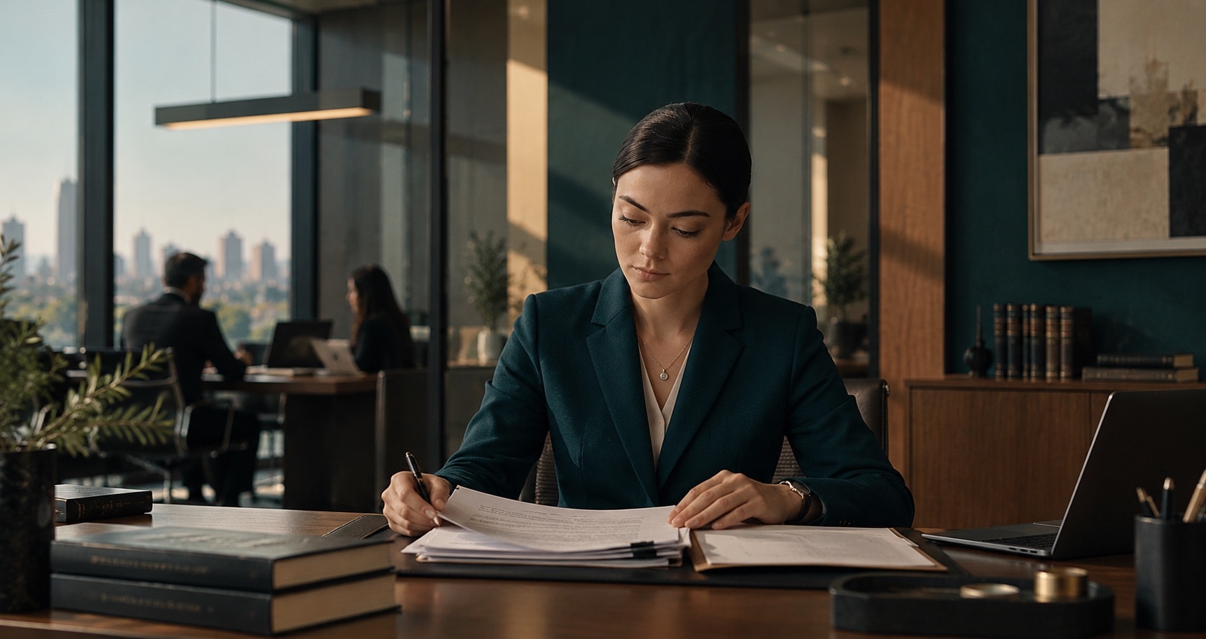 Partner reviewing a matter file at her desk