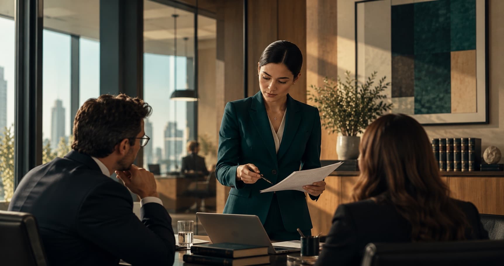 Partner briefing clients in a meeting room